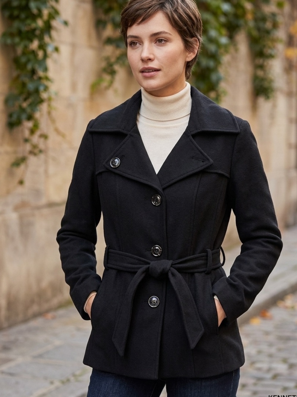 Kenneth Cole Black Women's Double-Breasted Peacoat
